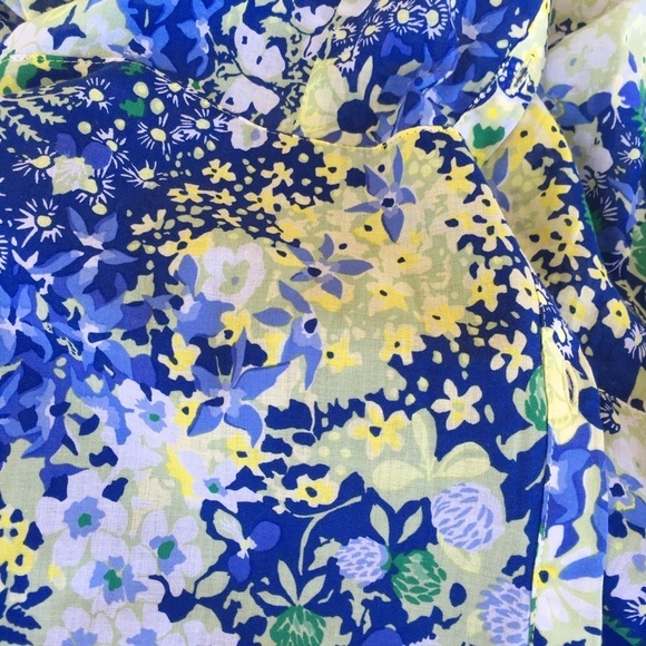Talbots Cotton Tie Waist Button-Down Split Neck Yellow/Blue Floral Dress Size 4 - Picture 12 of 16